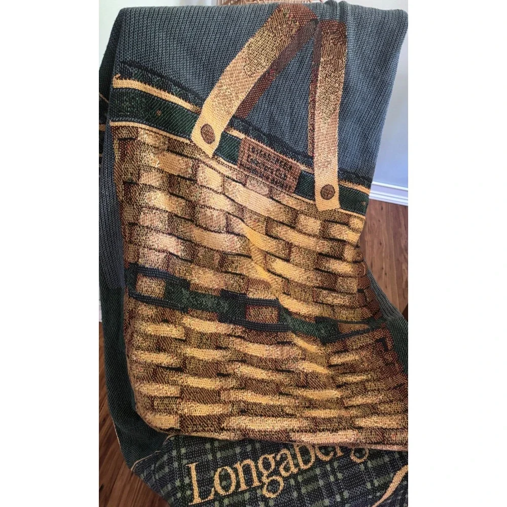Longaberger Collectors Club Woven Tapestry Throw Blanket Green Plaid Basket